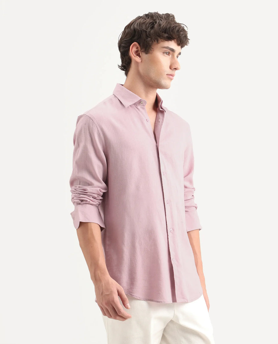 Rare Rabbit Men's Lewan-Ls Light Pink Linen Blend Spread Collar Regular Plain Shirt