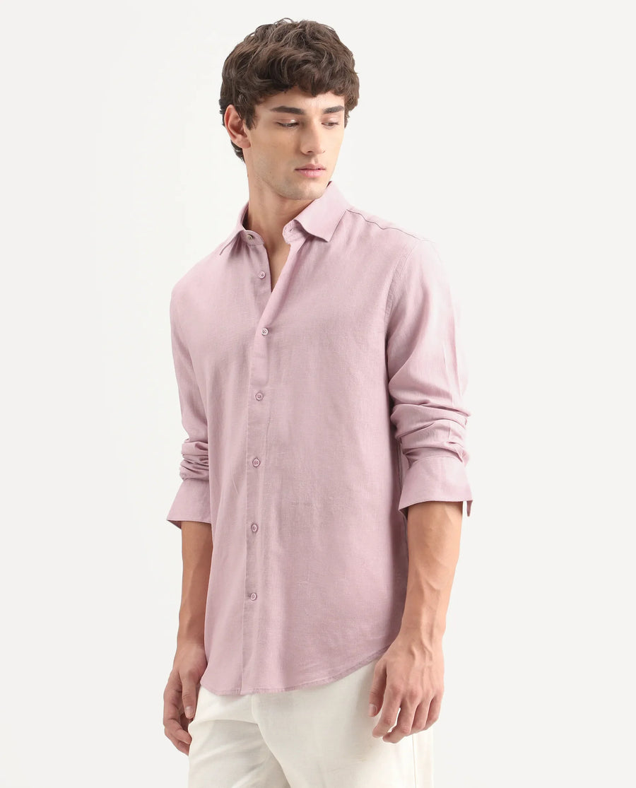 Rare Rabbit Men's Lewan-Ls Light Pink Linen Blend Spread Collar Regular Plain Shirt