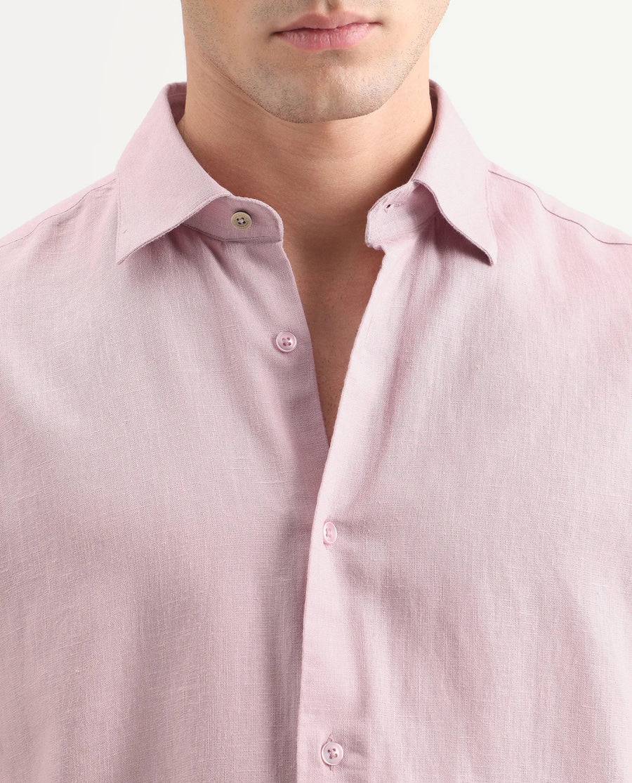 Rare Rabbit Men's Lewan-Ls Light Pink Linen Blend Spread Collar Regular Plain Shirt