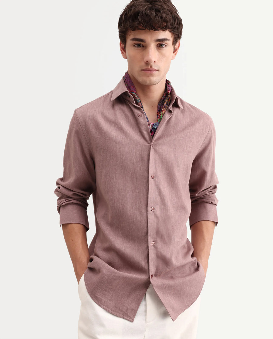 Rare Rabbit Men's Lewan-Ls Dusky Purple Linen Blend Spread Collar Regular Plain Shirt