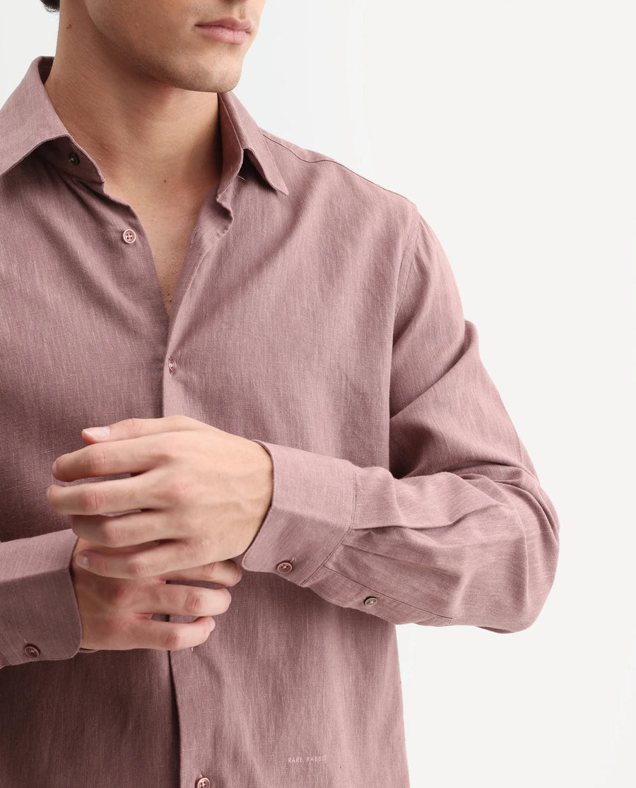Rare Rabbit Men's Lewan-Ls Dusky Purple Linen Blend Spread Collar Regular Plain Shirt