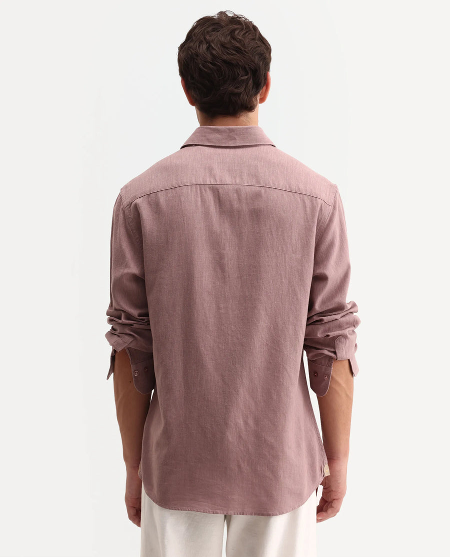 Rare Rabbit Men's Lewan-Ls Dusky Purple Linen Blend Spread Collar Regular Plain Shirt