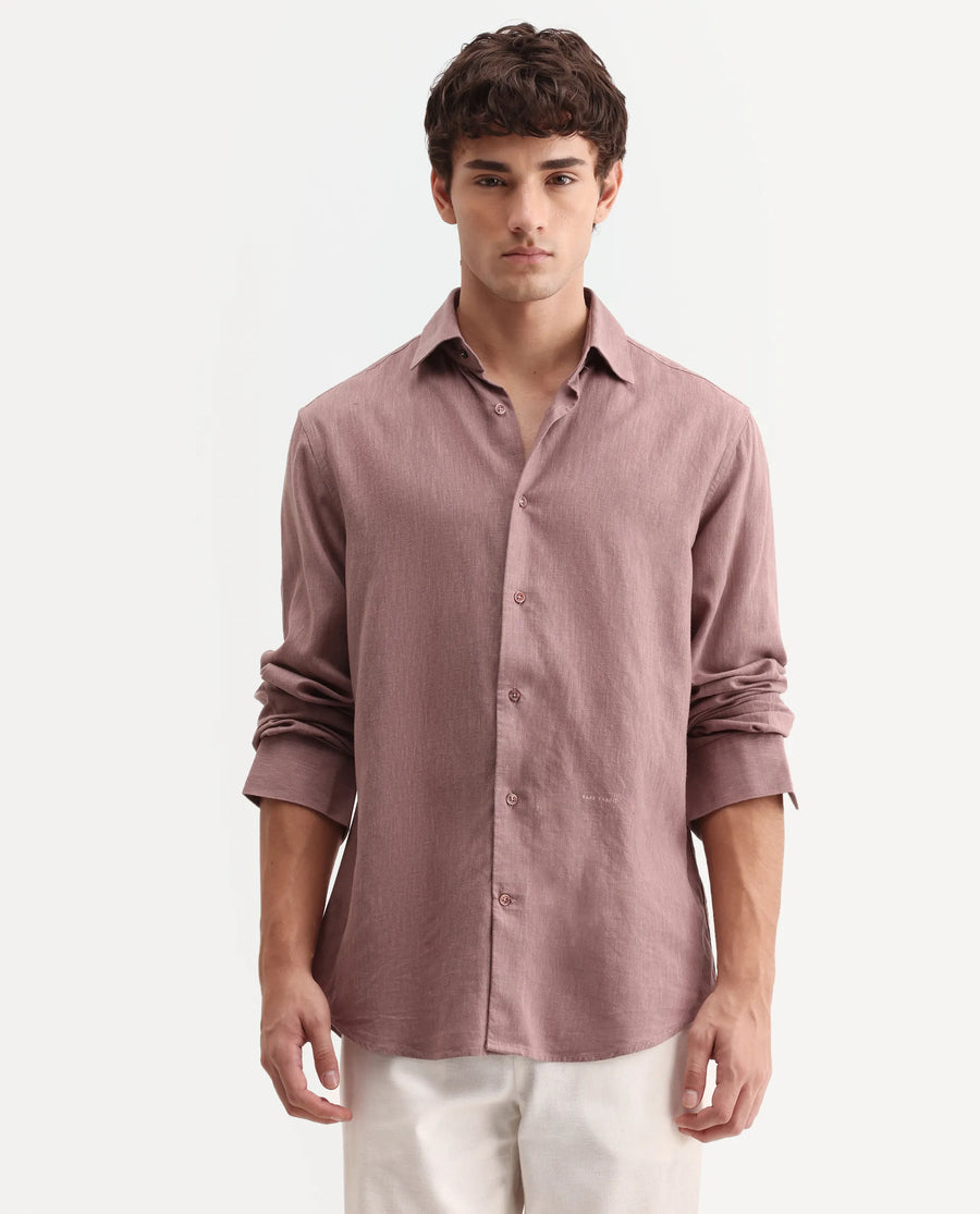 Rare Rabbit Men's Lewan-Ls Dusky Purple Linen Blend Spread Collar Regular Plain Shirt