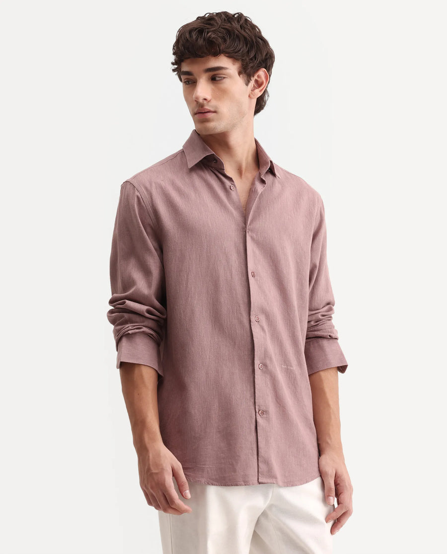 Rare Rabbit Men's Lewan-Ls Dusky Purple Linen Blend Spread Collar Regular Plain Shirt