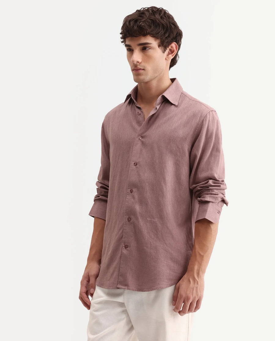 Rare Rabbit Men's Lewan-Ls Dusky Purple Linen Blend Spread Collar Regular Plain Shirt