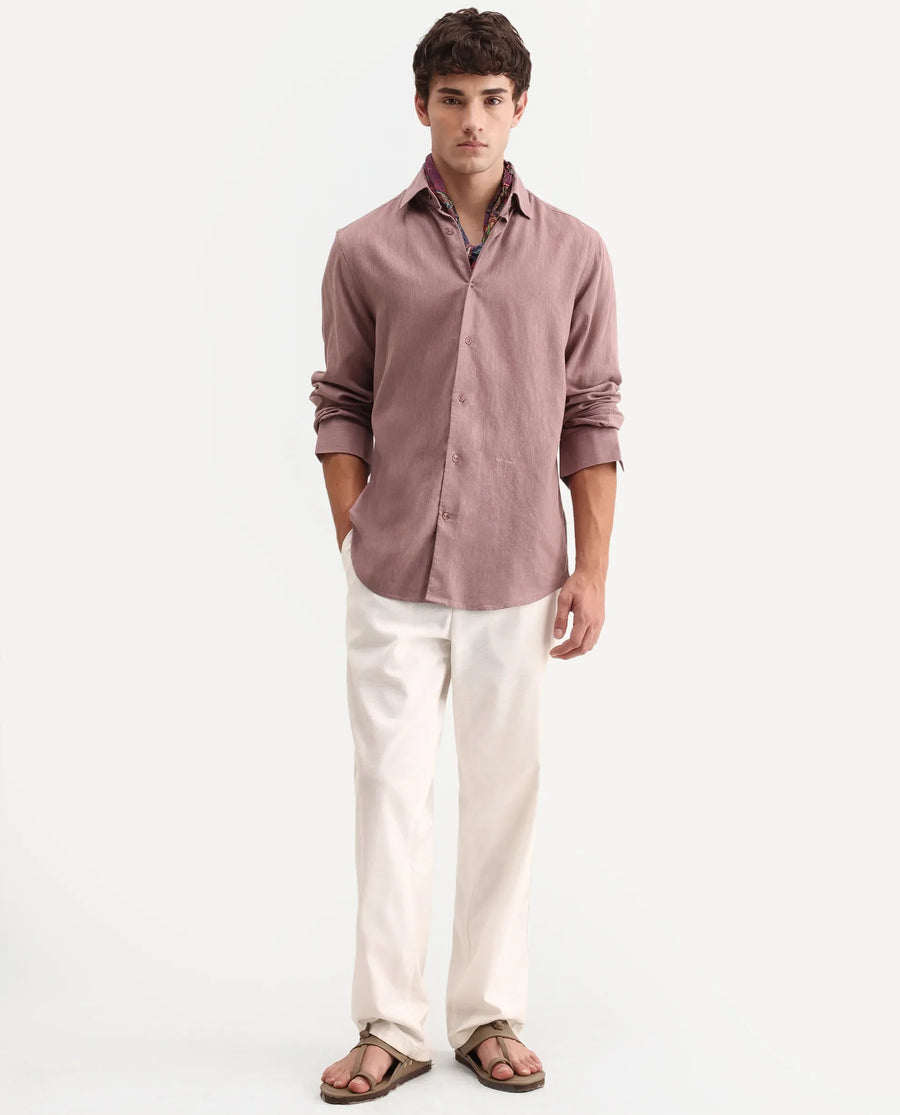 Rare Rabbit Men's Lewan-Ls Dusky Purple Linen Blend Spread Collar Regular Plain Shirt
