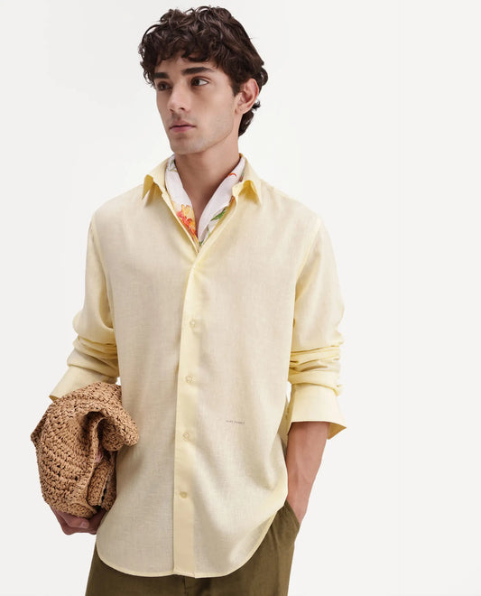 Rare Rabbit Men's Lewan-Ls Light Yellow Linen Blend Spread Collar Regular Plain Shirt
