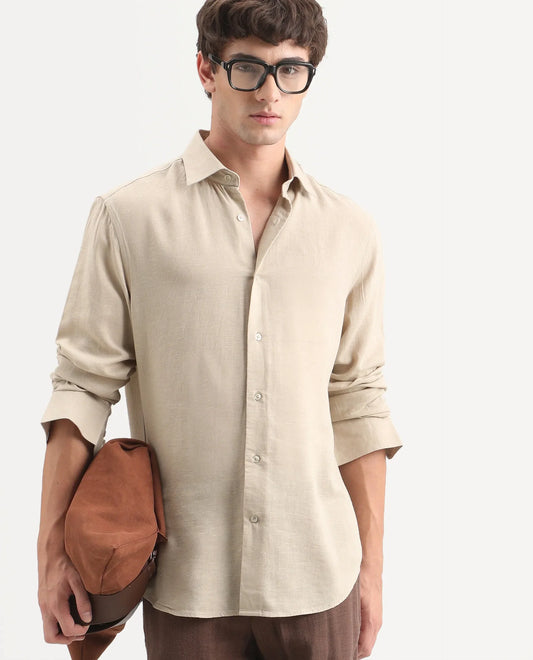 Rare Rabbit Men's Lewan-Ls Khaki Linen Blend Spread Collar Regular Plain Shirt
