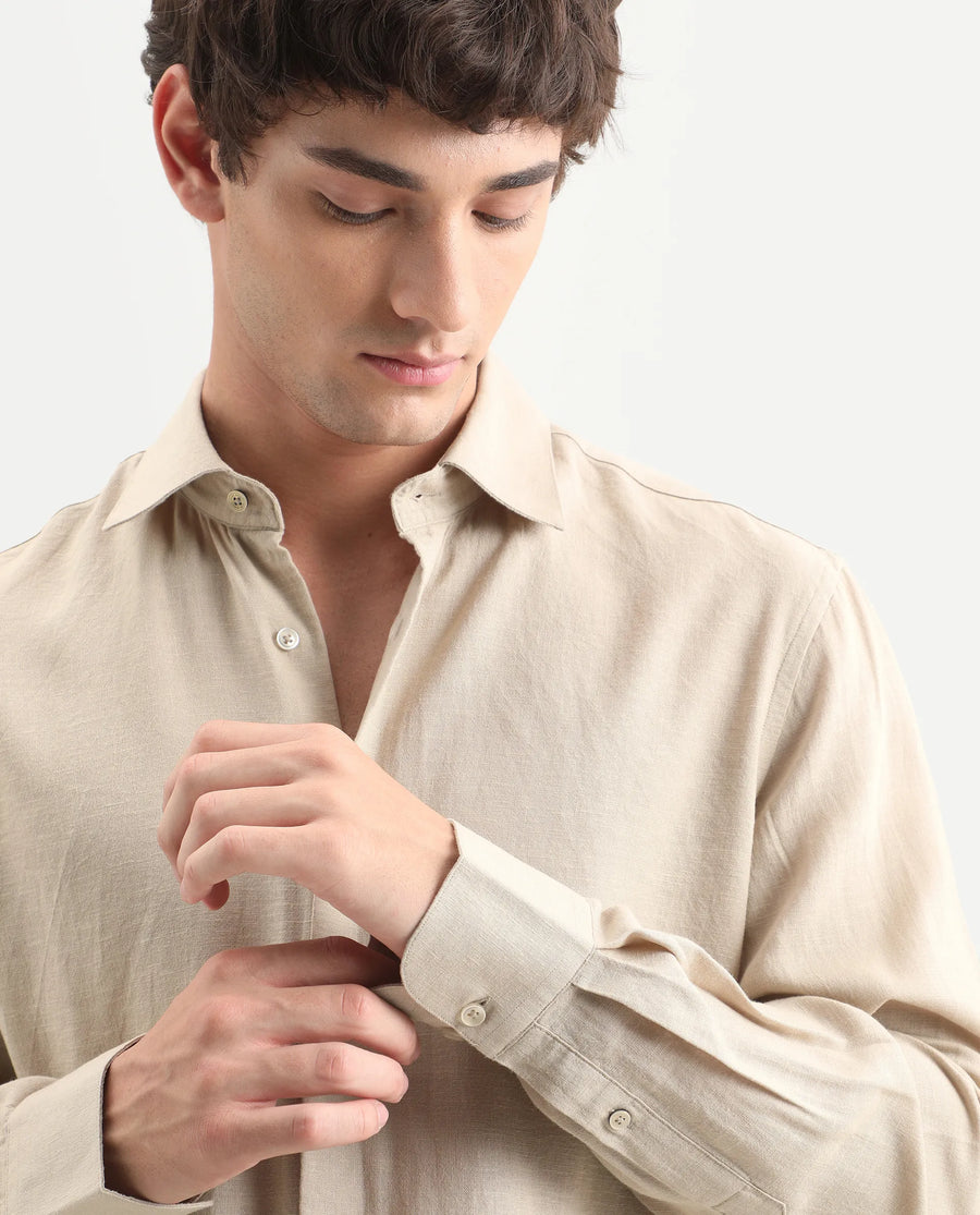 Rare Rabbit Men's Lewan-Ls Khaki Linen Blend Spread Collar Regular Plain Shirt