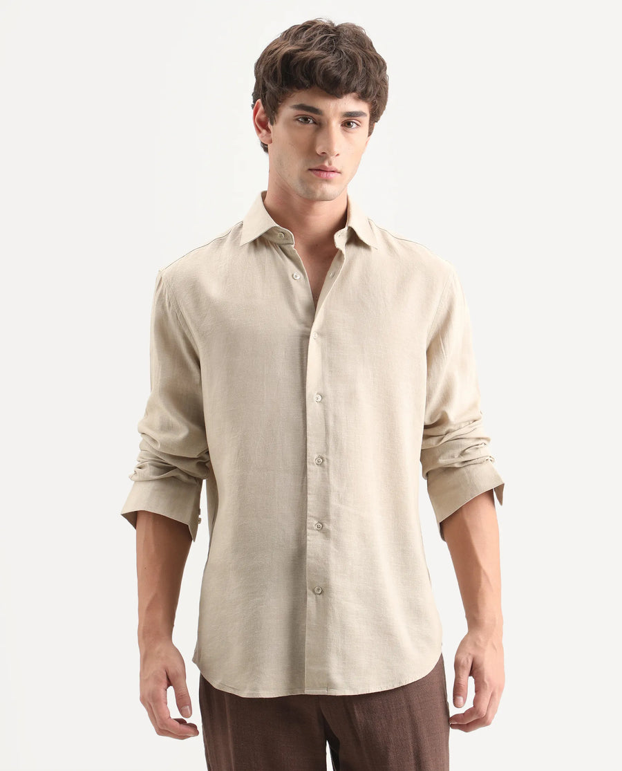 Rare Rabbit Men's Lewan-Ls Khaki Linen Blend Spread Collar Regular Plain Shirt