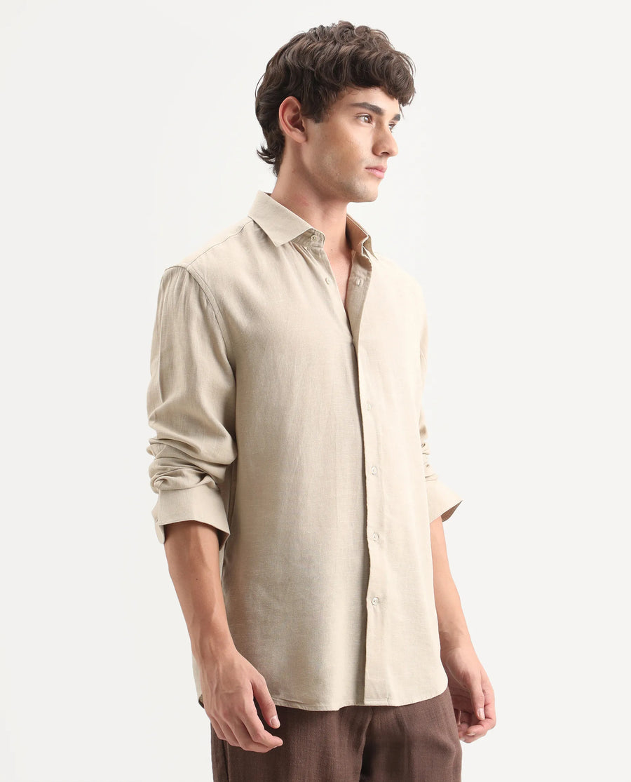 Rare Rabbit Men's Lewan-Ls Khaki Linen Blend Spread Collar Regular Plain Shirt