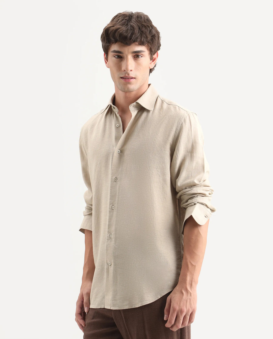 Rare Rabbit Men's Lewan-Ls Khaki Linen Blend Spread Collar Regular Plain Shirt