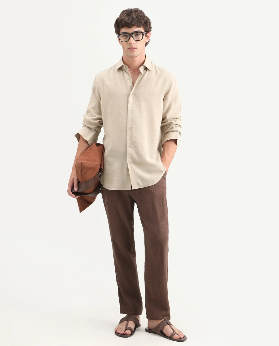 Rare Rabbit Men's Lewan-Ls Khaki Linen Blend Spread Collar Regular Plain Shirt