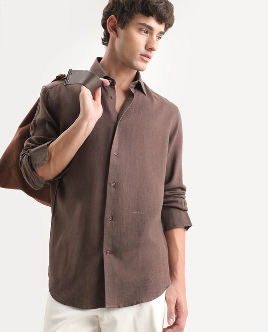 Rare Rabbit Men's Lewan-Ls Dark Brown Linen Blend Spread Collar Regular Plain Shirt