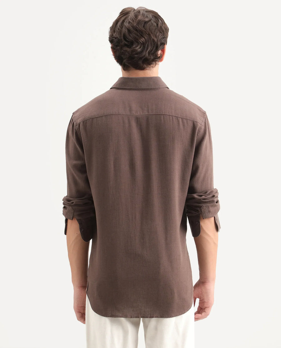Rare Rabbit Men's Lewan-Ls Dark Brown Linen Blend Spread Collar Regular Plain Shirt