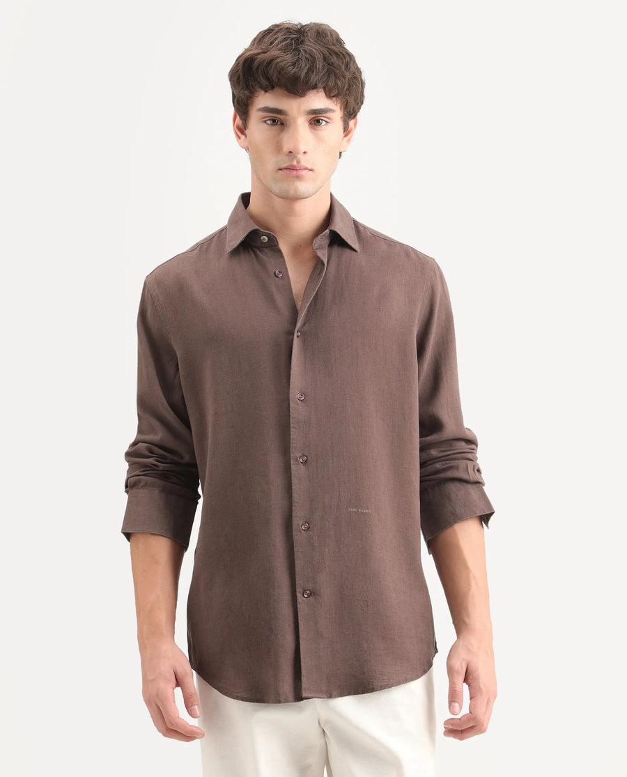Rare Rabbit Men's Lewan-Ls Dark Brown Linen Blend Spread Collar Regular Plain Shirt