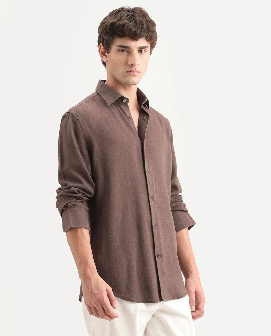 Rare Rabbit Men's Lewan-Ls Dark Brown Linen Blend Spread Collar Regular Plain Shirt