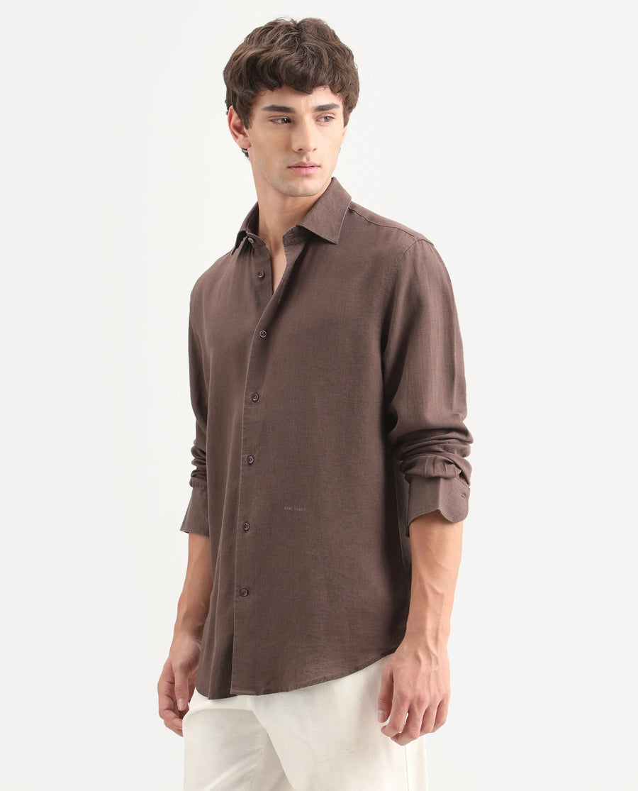 Rare Rabbit Men's Lewan-Ls Dark Brown Linen Blend Spread Collar Regular Plain Shirt