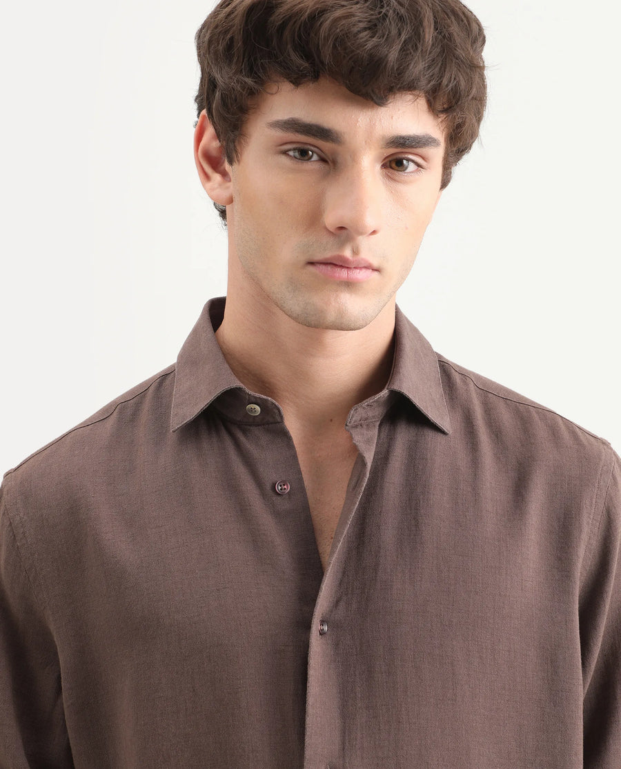 Rare Rabbit Men's Lewan-Ls Dark Brown Linen Blend Spread Collar Regular Plain Shirt