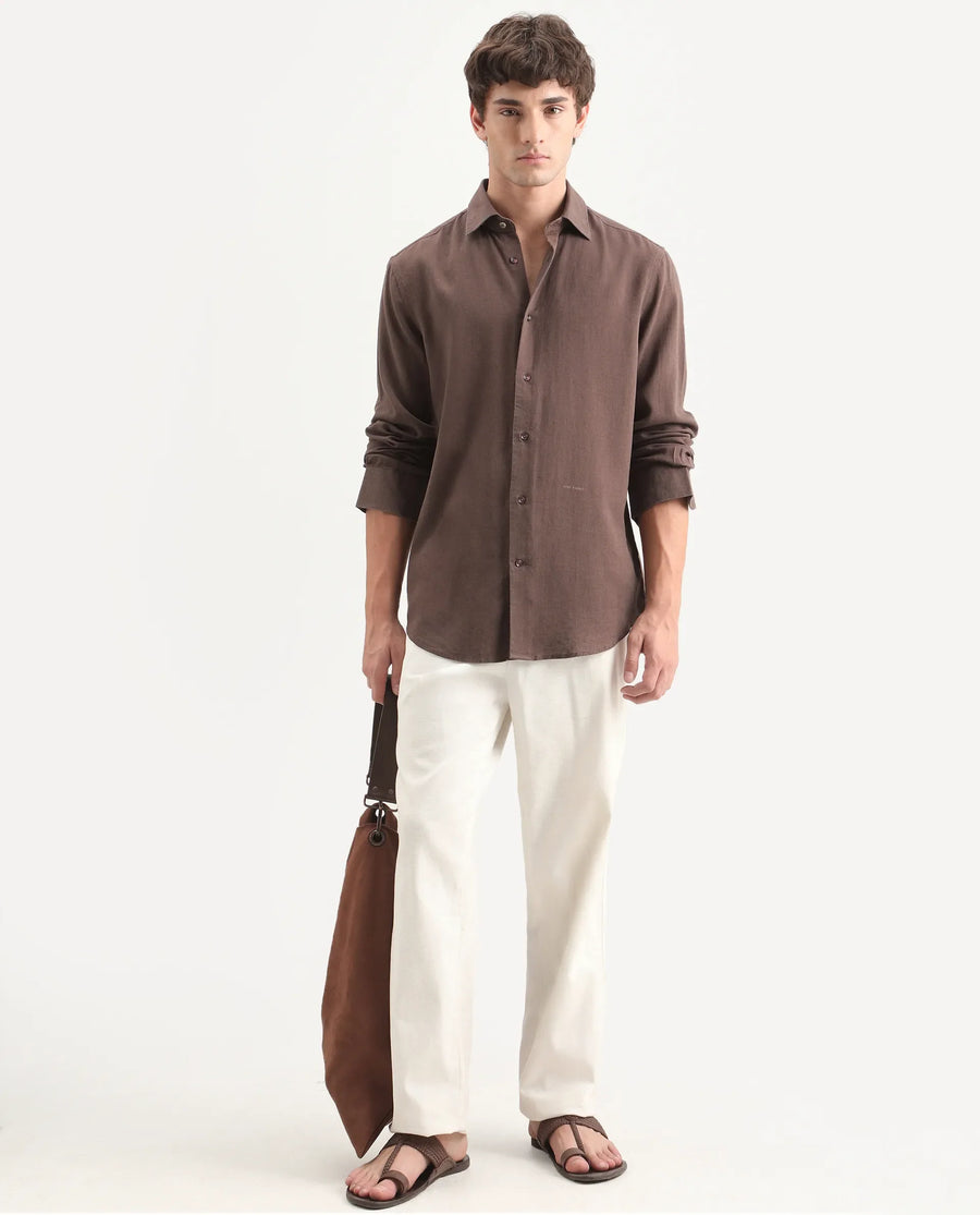 Rare Rabbit Men's Lewan-Ls Dark Brown Linen Blend Spread Collar Regular Plain Shirt