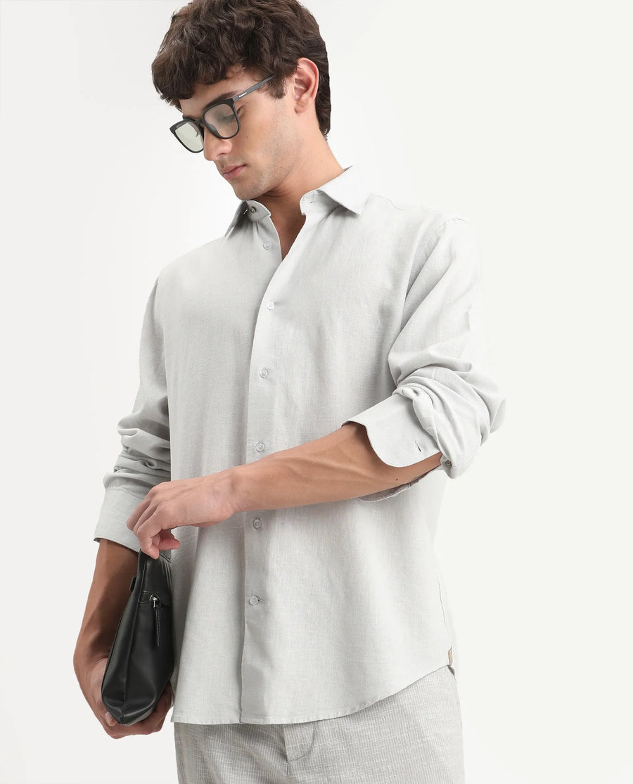 Rare Rabbit Men's Lewan-Ls Dusky Blue Linen Blend Spread Collar Regular Plain Shirt