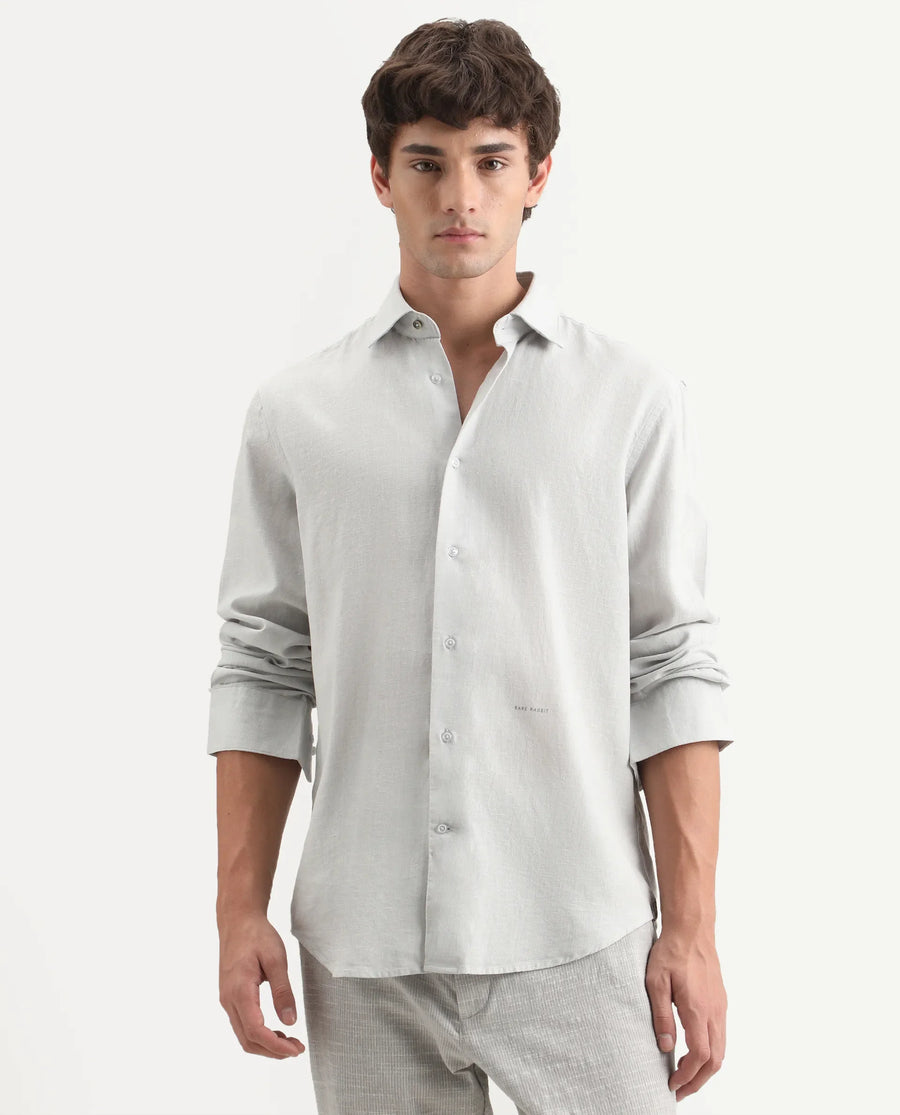 Rare Rabbit Men's Lewan-Ls Dusky Blue Linen Blend Spread Collar Regular Plain Shirt