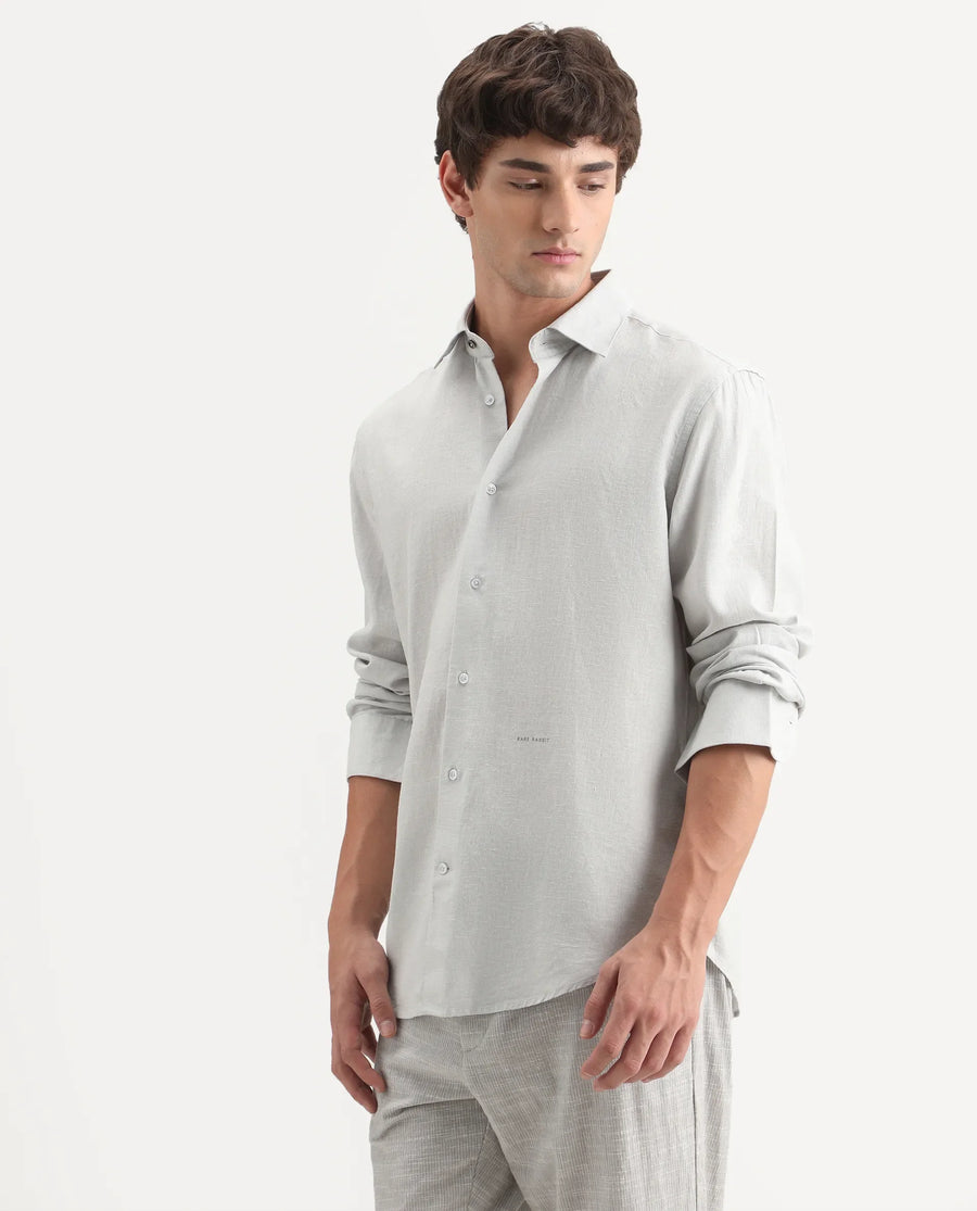 Rare Rabbit Men's Lewan-Ls Dusky Blue Linen Blend Spread Collar Regular Plain Shirt