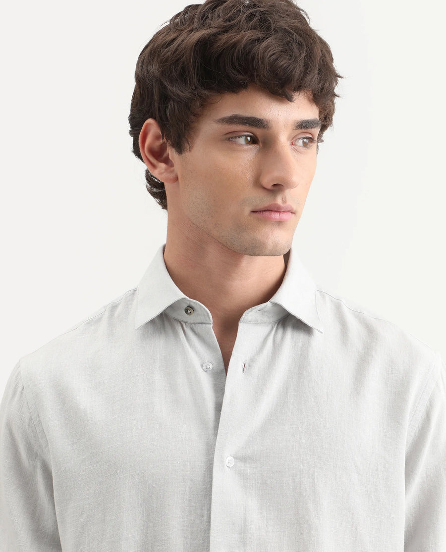 Rare Rabbit Men's Lewan-Ls Dusky Blue Linen Blend Spread Collar Regular Plain Shirt