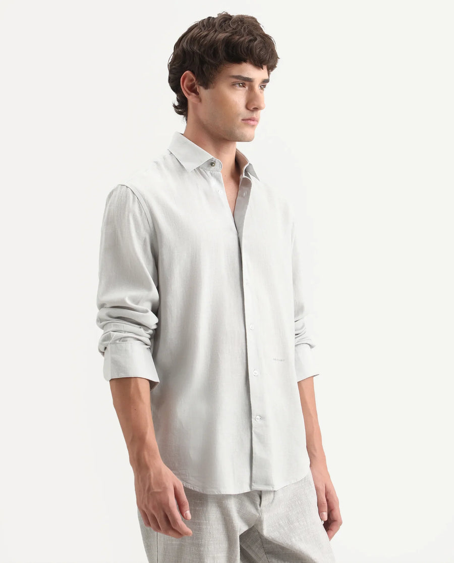 Rare Rabbit Men's Lewan-Ls Dusky Blue Linen Blend Spread Collar Regular Plain Shirt