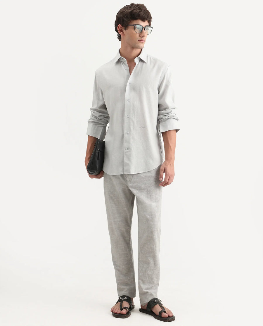 Rare Rabbit Men's Lewan-Ls Dusky Blue Linen Blend Spread Collar Regular Plain Shirt