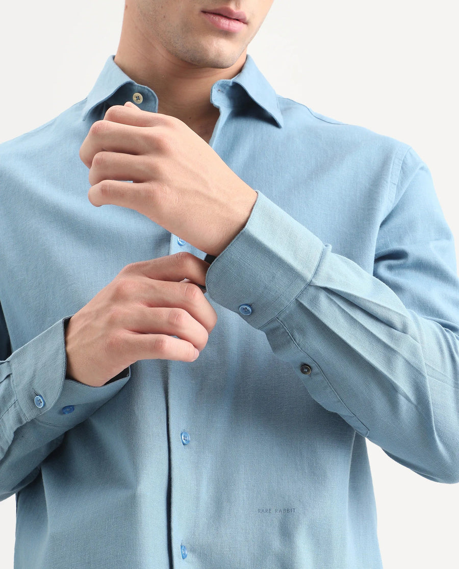 Rare Rabbit Men's Lewan-Ls Primary Blue Linen Blend Spread Collar Regular Plain Shirt