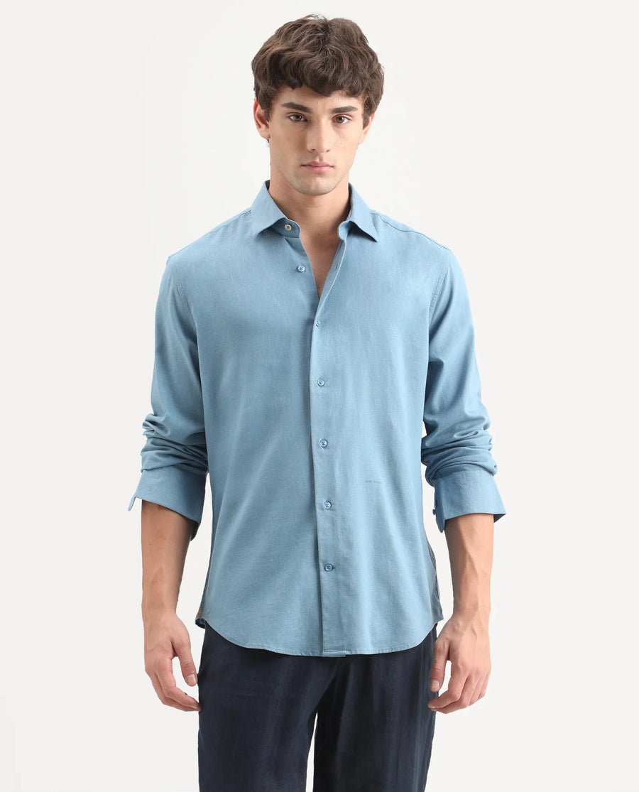 Rare Rabbit Men's Lewan-Ls Primary Blue Linen Blend Spread Collar Regular Plain Shirt