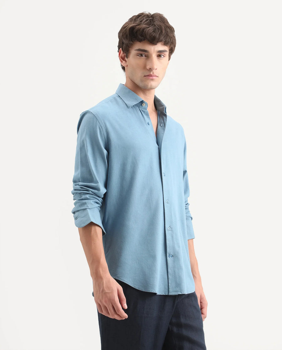 Rare Rabbit Men's Lewan-Ls Primary Blue Linen Blend Spread Collar Regular Plain Shirt