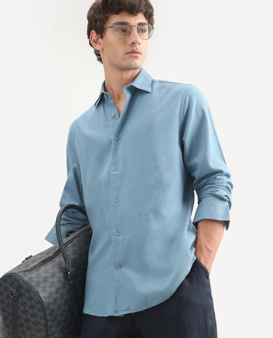 Rare Rabbit Men's Lewan-Ls Primary Blue Linen Blend Spread Collar Regular Plain Shirt