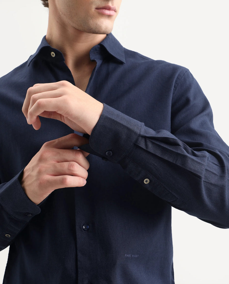 Rare Rabbit Men's Lewan-Ls Navy Linen Blend Spread Collar Regular Plain Shirt