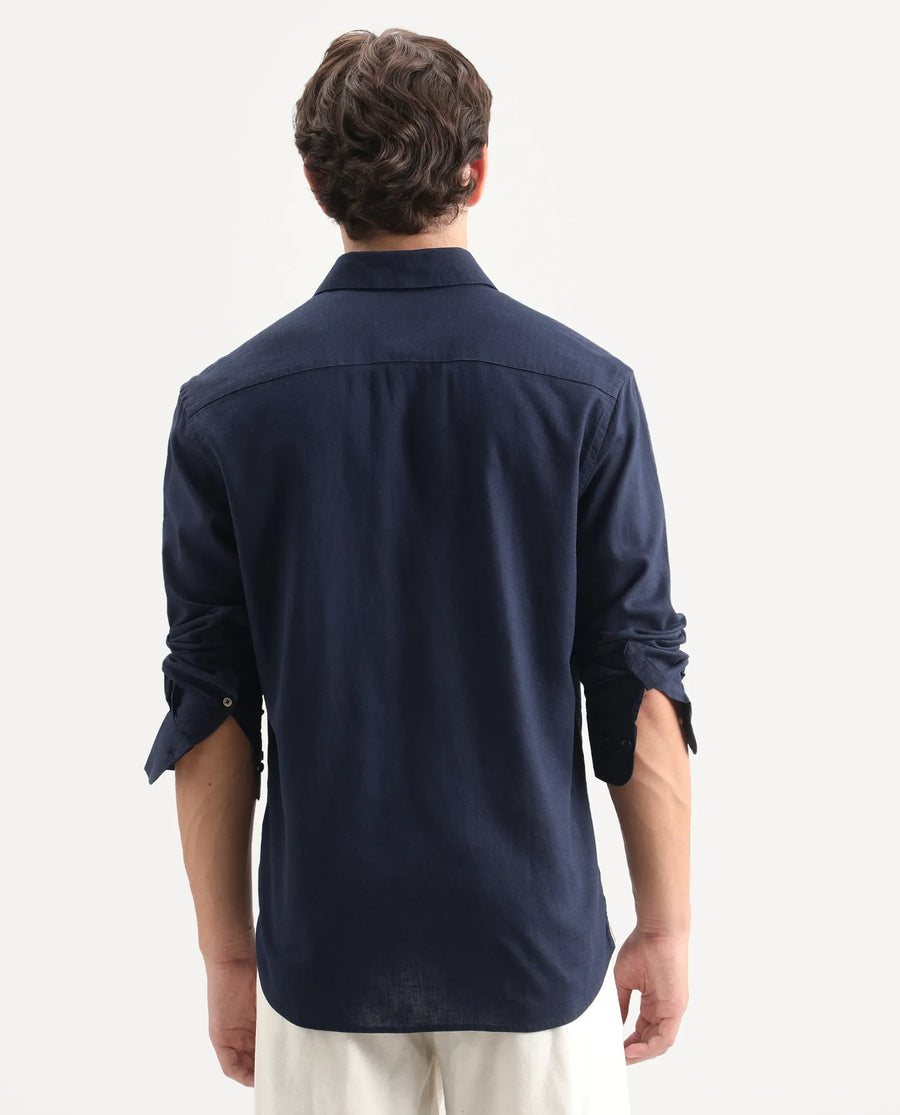 Rare Rabbit Men's Lewan-Ls Navy Linen Blend Spread Collar Regular Plain Shirt