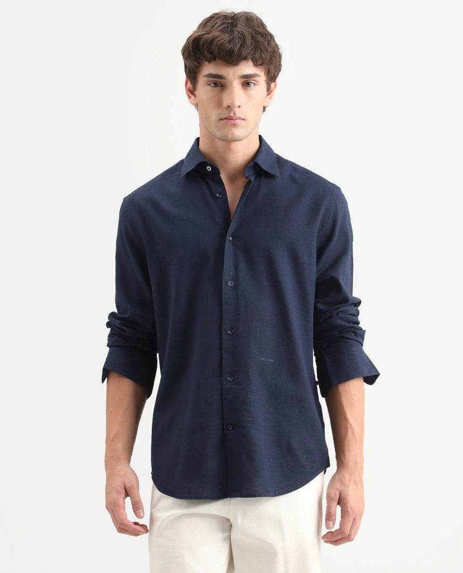 Rare Rabbit Men's Lewan-Ls Navy Linen Blend Spread Collar Regular Plain Shirt