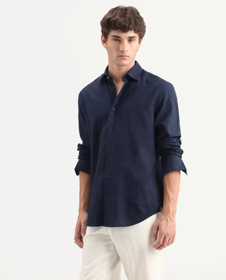 Rare Rabbit Men's Lewan-Ls Navy Linen Blend Spread Collar Regular Plain Shirt