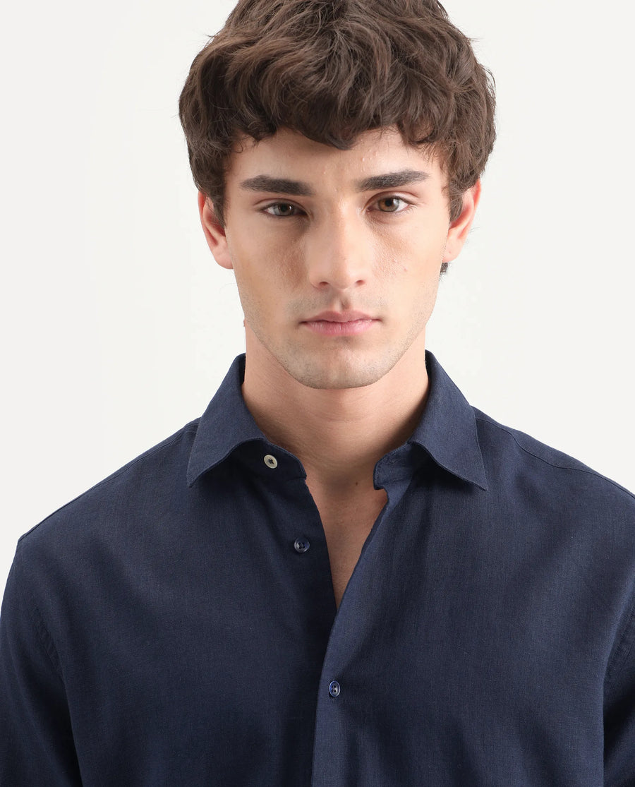 Rare Rabbit Men's Lewan-Ls Navy Linen Blend Spread Collar Regular Plain Shirt