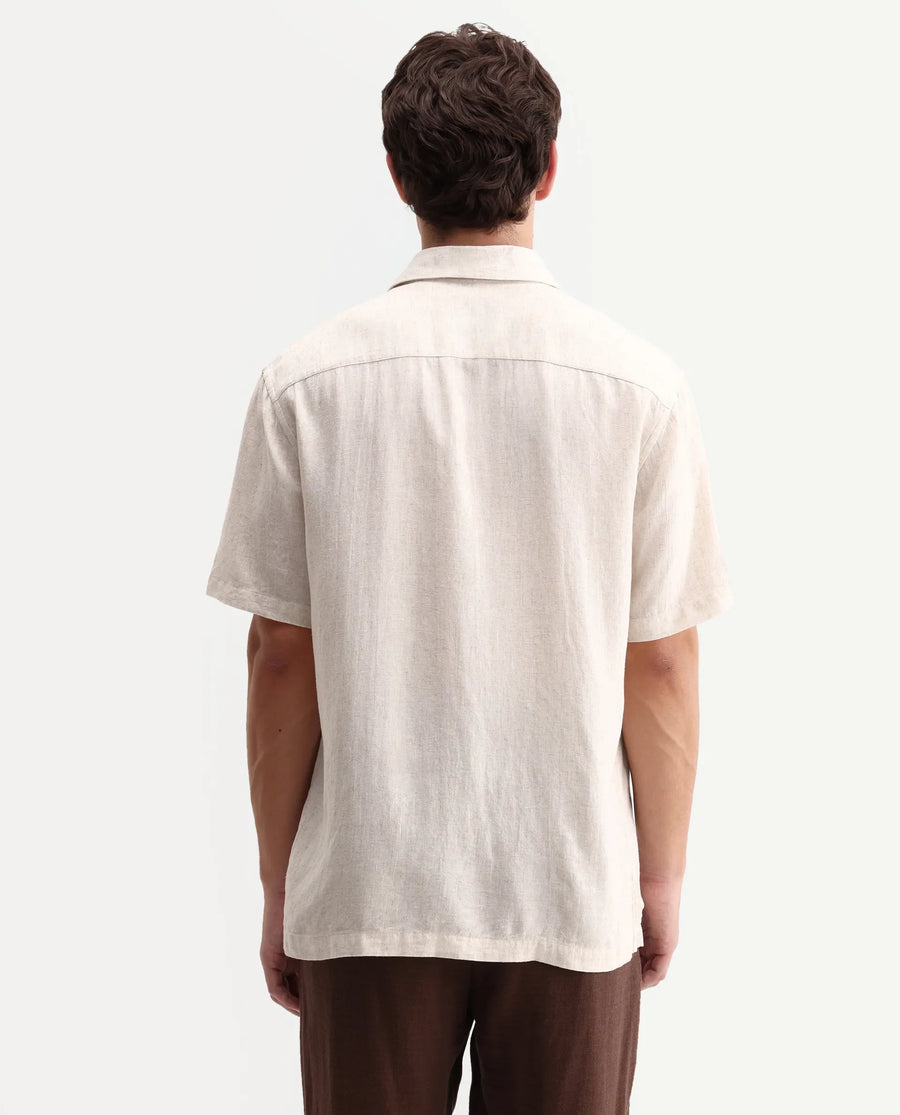 Rare Rabbit Men's Lewan-Ss Primary Ecru Linen Blend Spread Collar Regular Plain Shirt