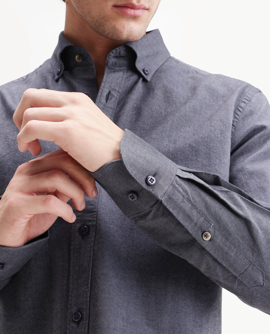 Rare Rabbit Men's Olise Dark Blue Cotton Spread Collar Button Regular Fit Plain Shirt