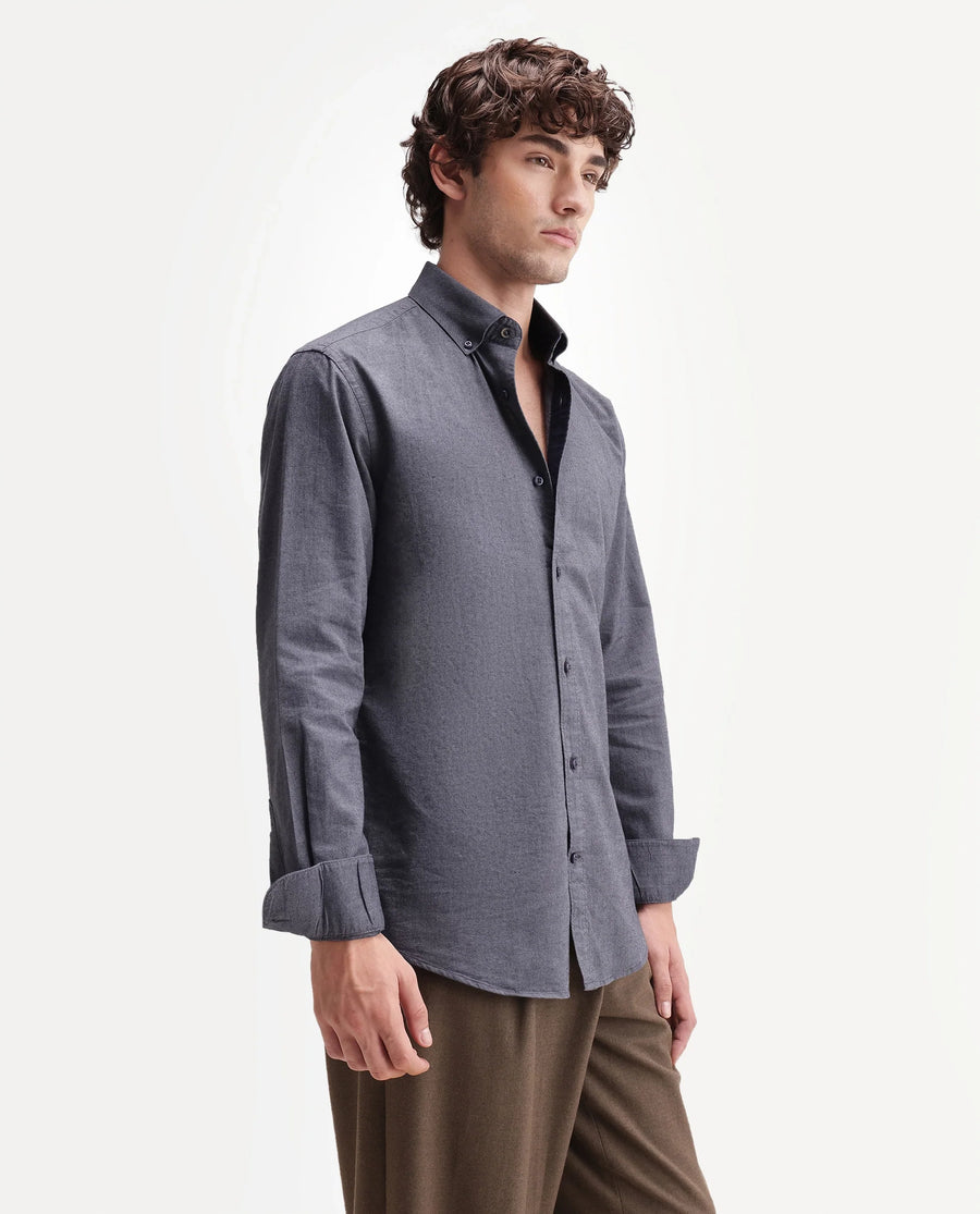 Rare Rabbit Men's Olise Dark Blue Cotton Spread Collar Button Regular Fit Plain Shirt