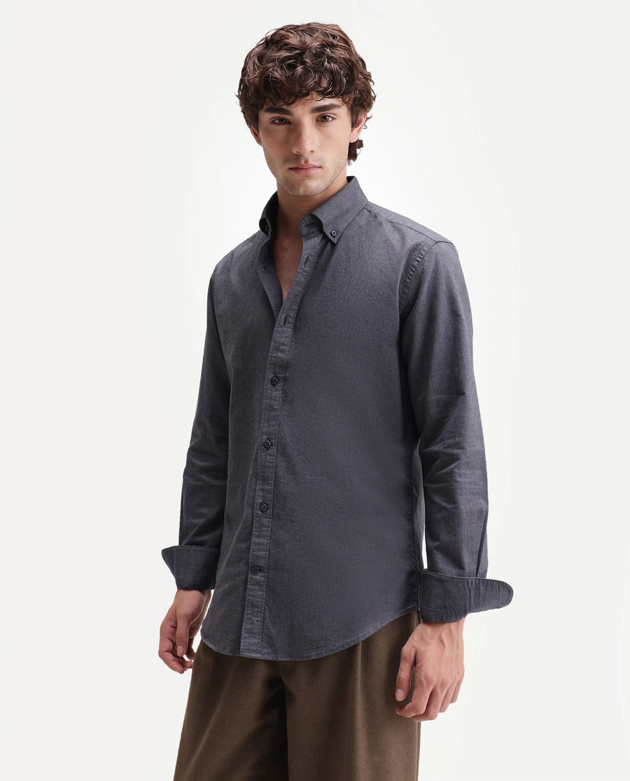 Rare Rabbit Men's Olise Dark Blue Cotton Spread Collar Button Regular Fit Plain Shirt