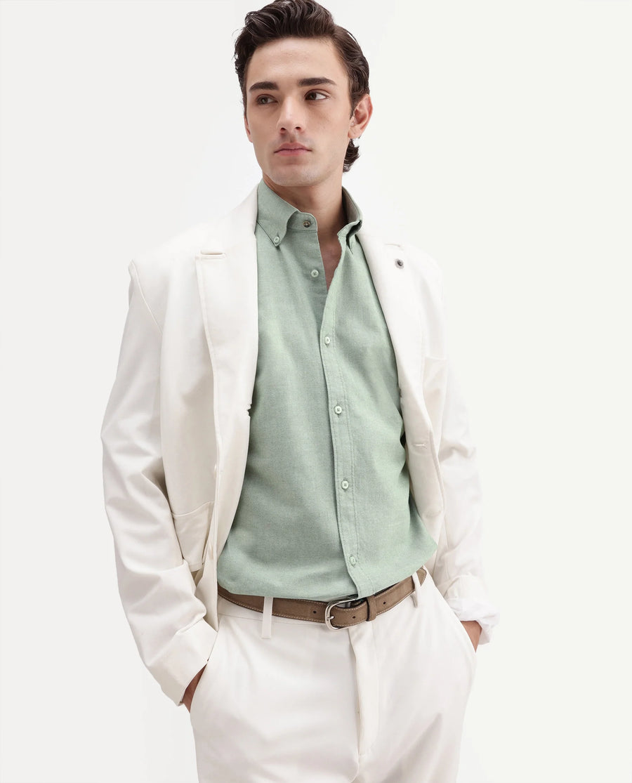 Rare Rabbit Men's Olise Green Cotton Button-Down Collar Regular Fit Plain Shirt