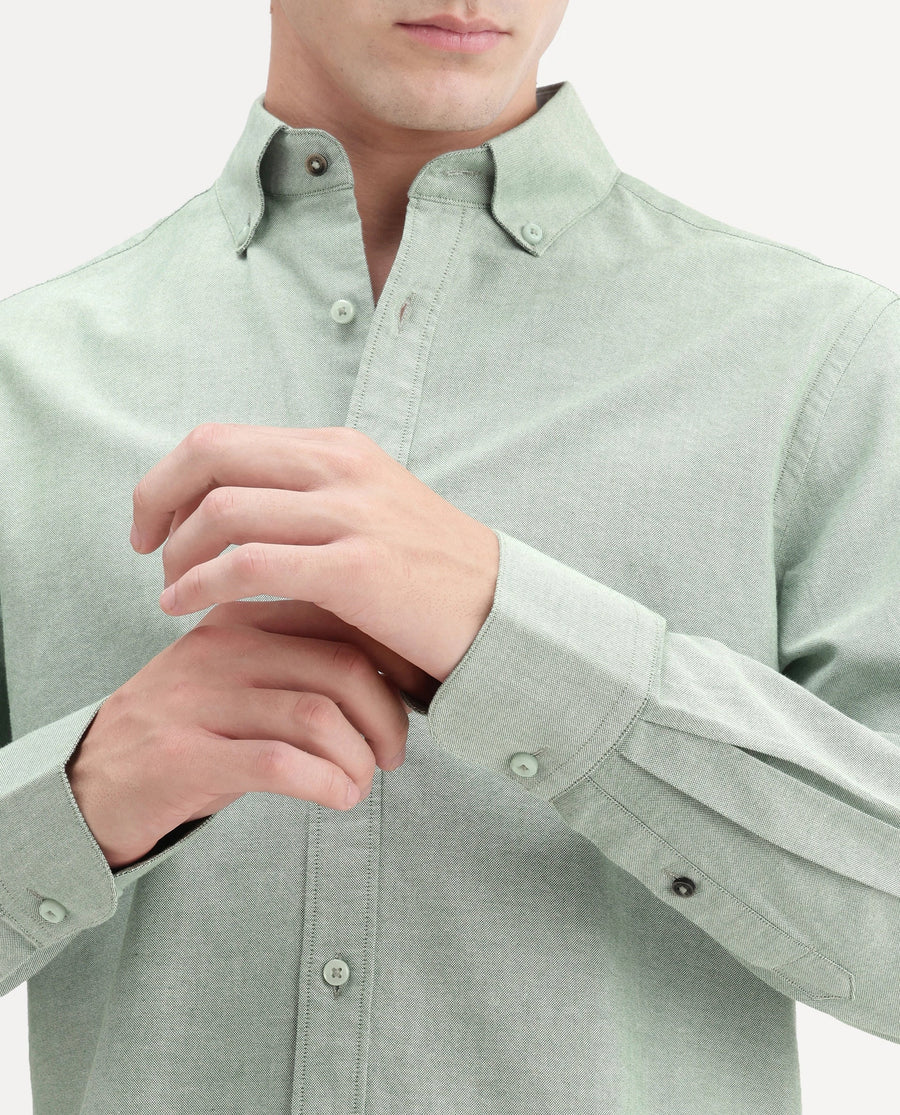 Rare Rabbit Men's Olise Green Cotton Button-Down Collar Regular Fit Plain Shirt