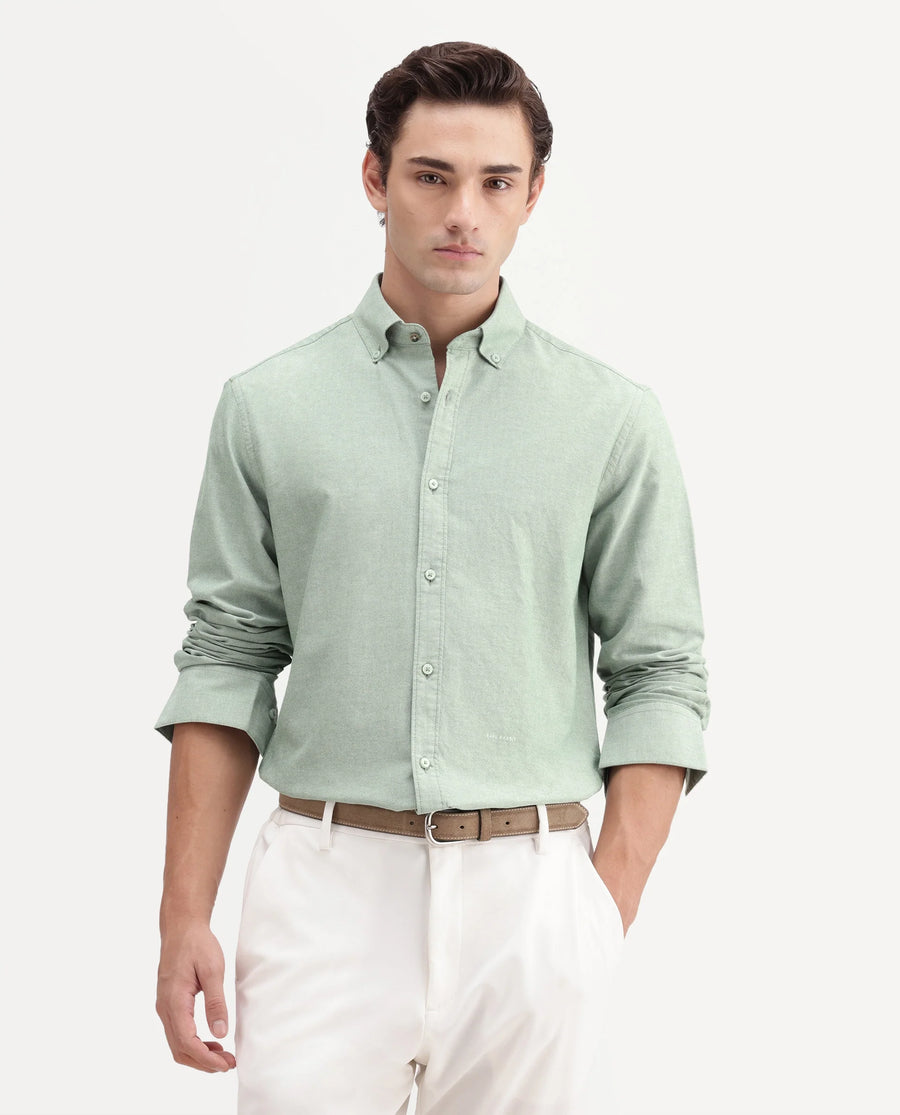 Rare Rabbit Men's Olise Green Cotton Button-Down Collar Regular Fit Plain Shirt