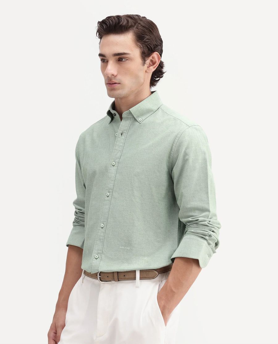 Rare Rabbit Men's Olise Green Cotton Button-Down Collar Regular Fit Plain Shirt