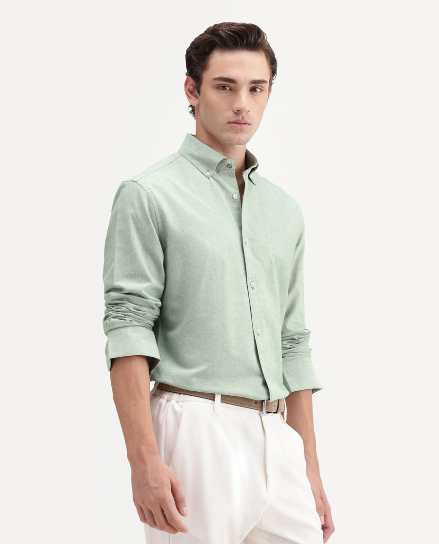 Rare Rabbit Men's Olise Green Cotton Button-Down Collar Regular Fit Plain Shirt