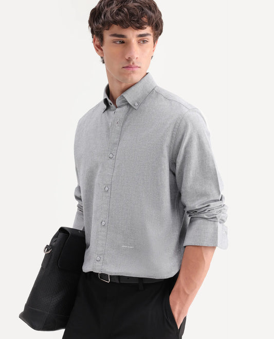Rare Rabbit Men's Olise Grey Cotton Button-Down Collar Regular Fit Plain Shirt