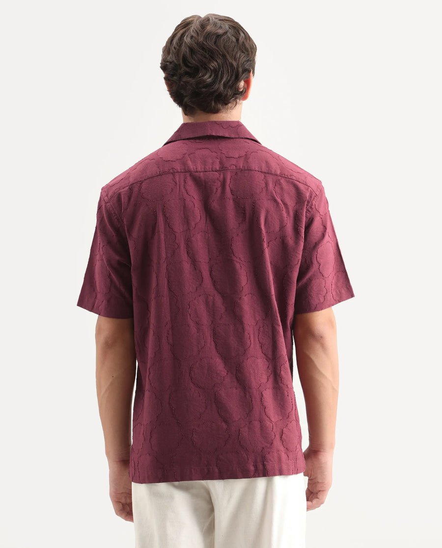 Rare Rabbit Men's Plunt Dark Red Cotton Cuban Collar Button Relaxed Fit Jacquard Print Shirt
